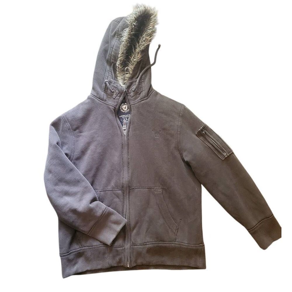 Y2k Vintage American Eagle Coat Men's XL Brown Faux Fur Hooded Lined Grunge